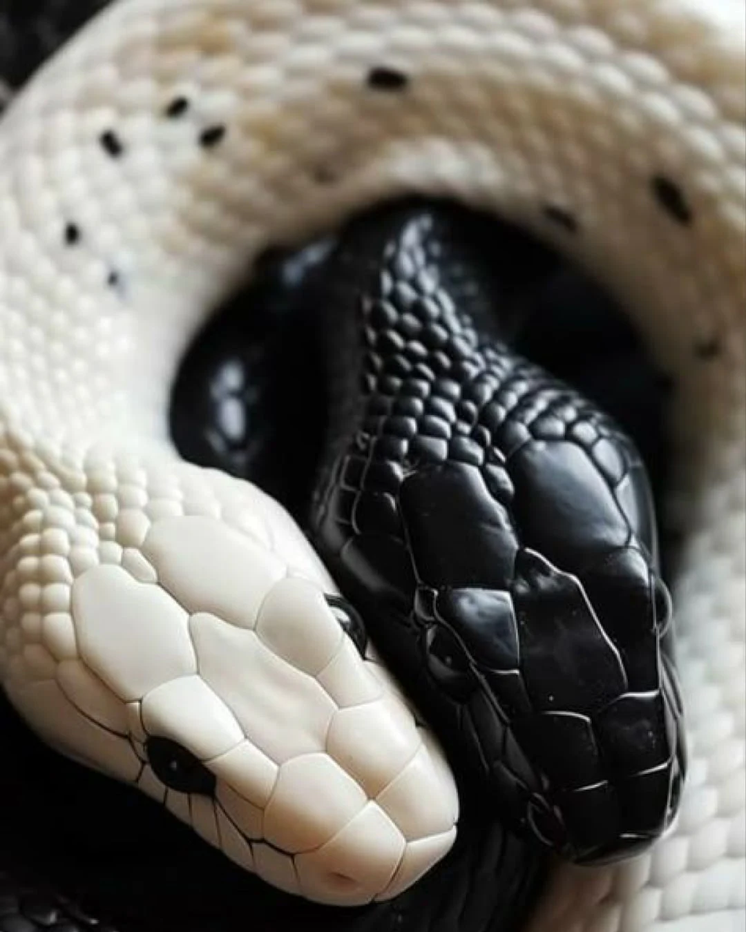 A black snake and a white snake entwined